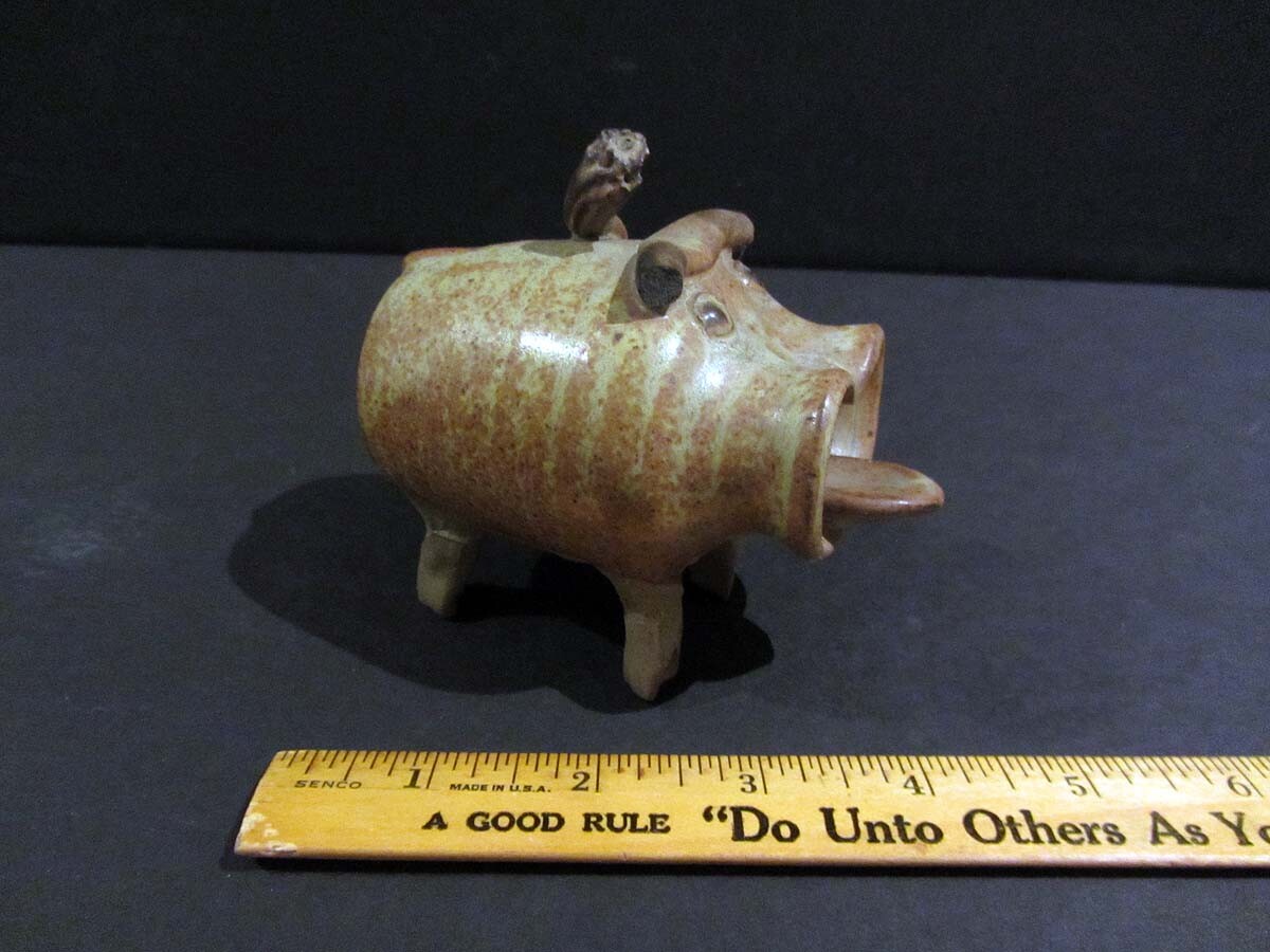 Small SOUTHWESTERN WILD BOAR Figural Ashtray Signed MARIE or MARIA Damaged Horns