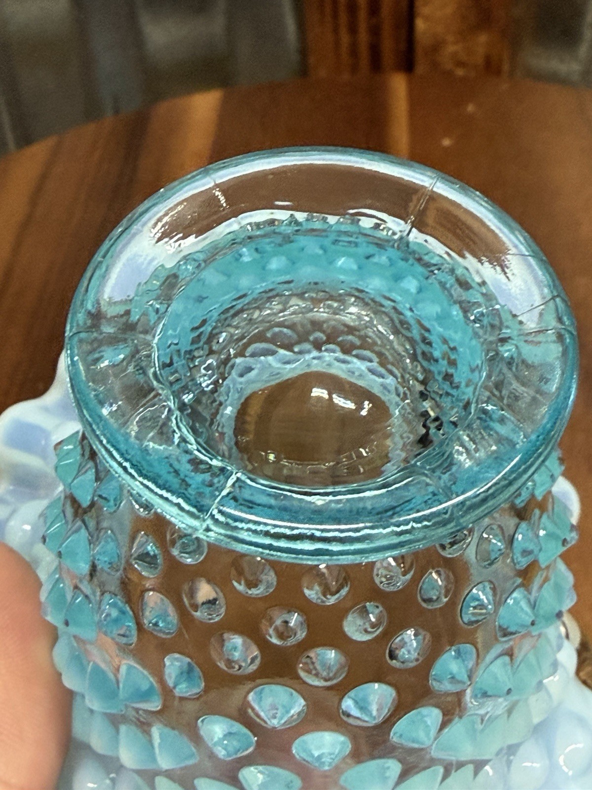 Vintage Aqua Opalescent Hobnail Glass Basket Ruffled Rim Applied Handle