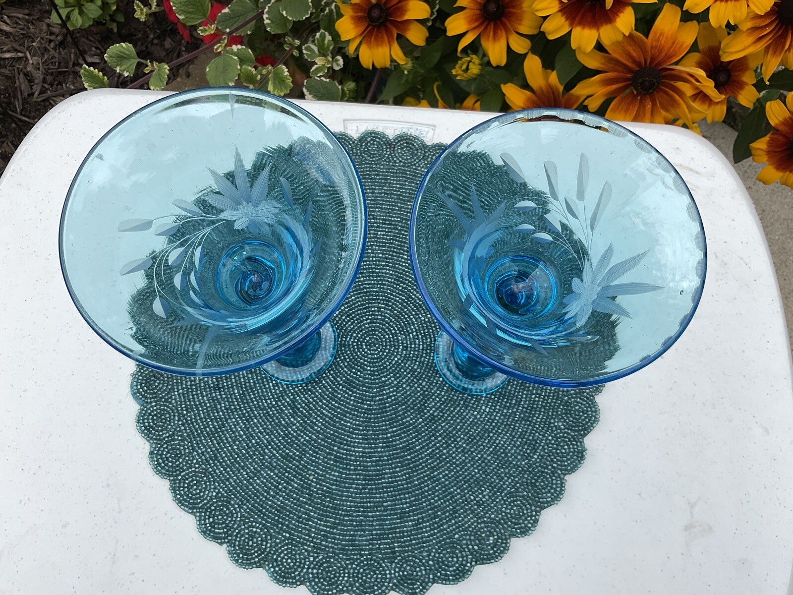 U.S. Glass #315 Blue Bell Twist Swirl Candlesticks Floral Etched Detail Pristine