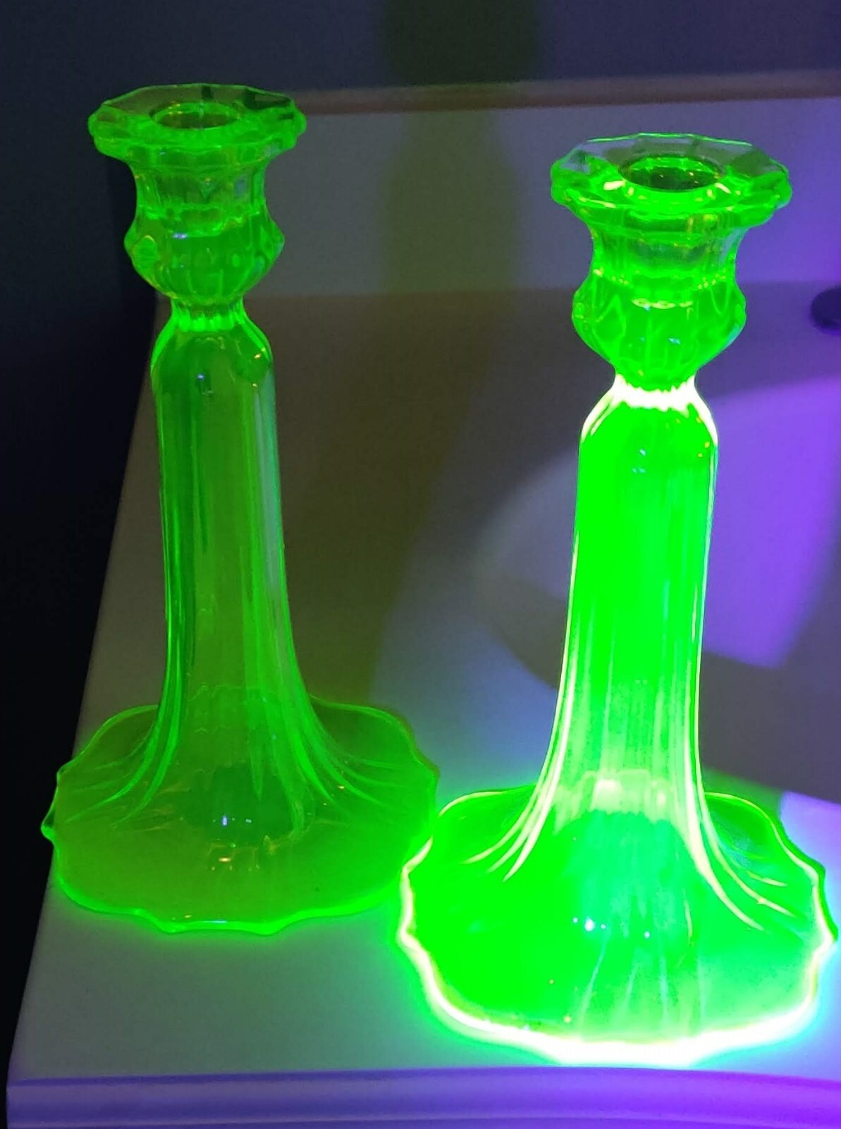 Tiffin Vaseline Glass Candlesticks 9″ Tall U.S. Glass 310 Yellow Uranium Glass