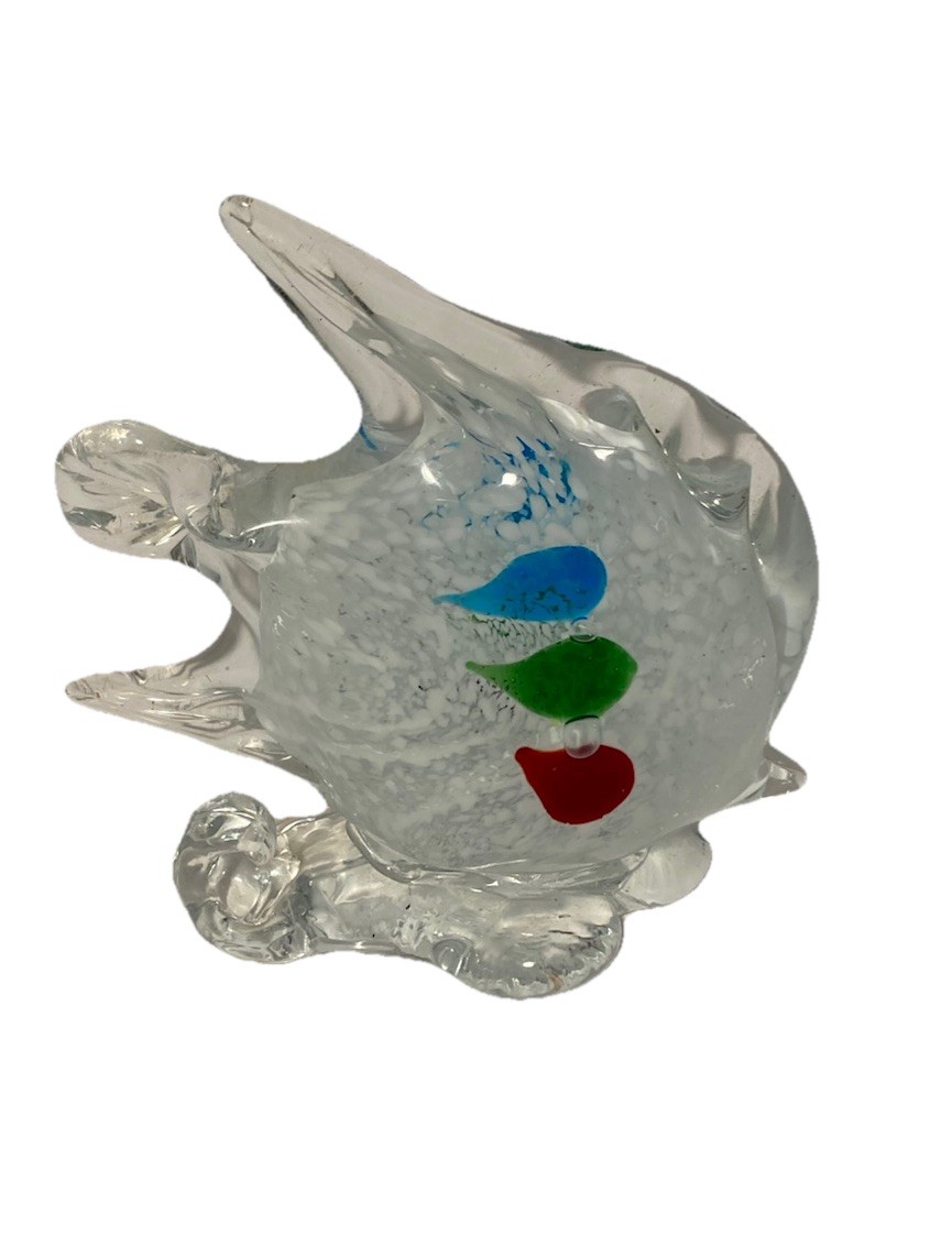 Vintage Hand Blown Glass Angel Fish Paperweight-Blue Green Red Spots-5.5×5″
