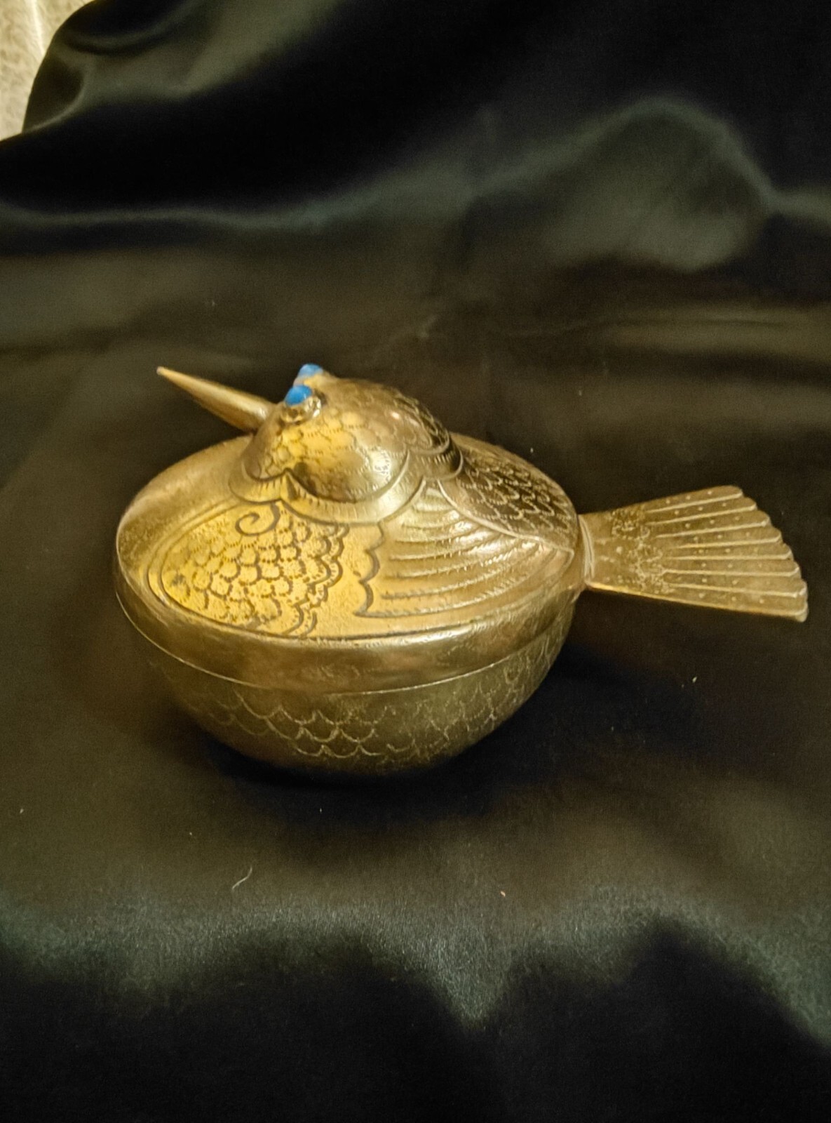 Brass Bird Trinket Box With Blue Stone Eyes Decorative Lid Vintage Design Handcr