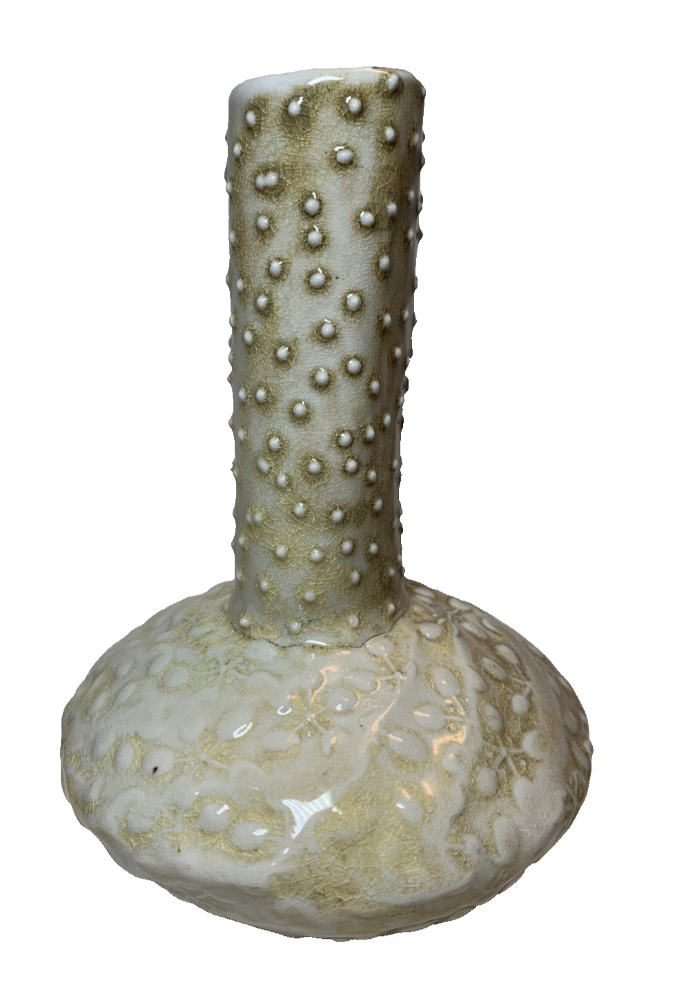 Signed Studio Pottery Textured Dot Floral Vase Organic Vtg Modern Crackle Glaze