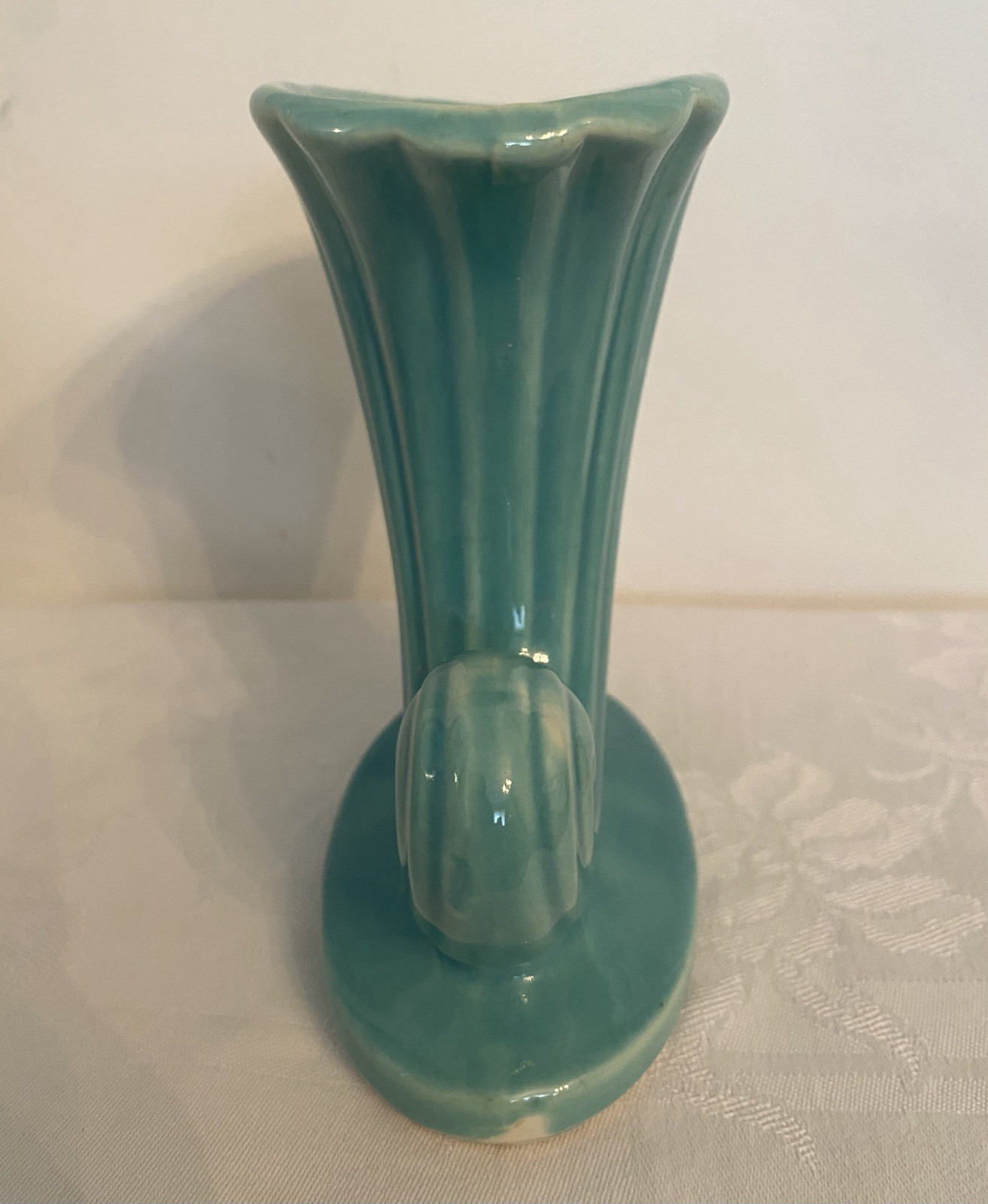 Vintage Shawnee USA Turquoise Cornucopia Vase Art Pottery Fluted Planter 6.5”