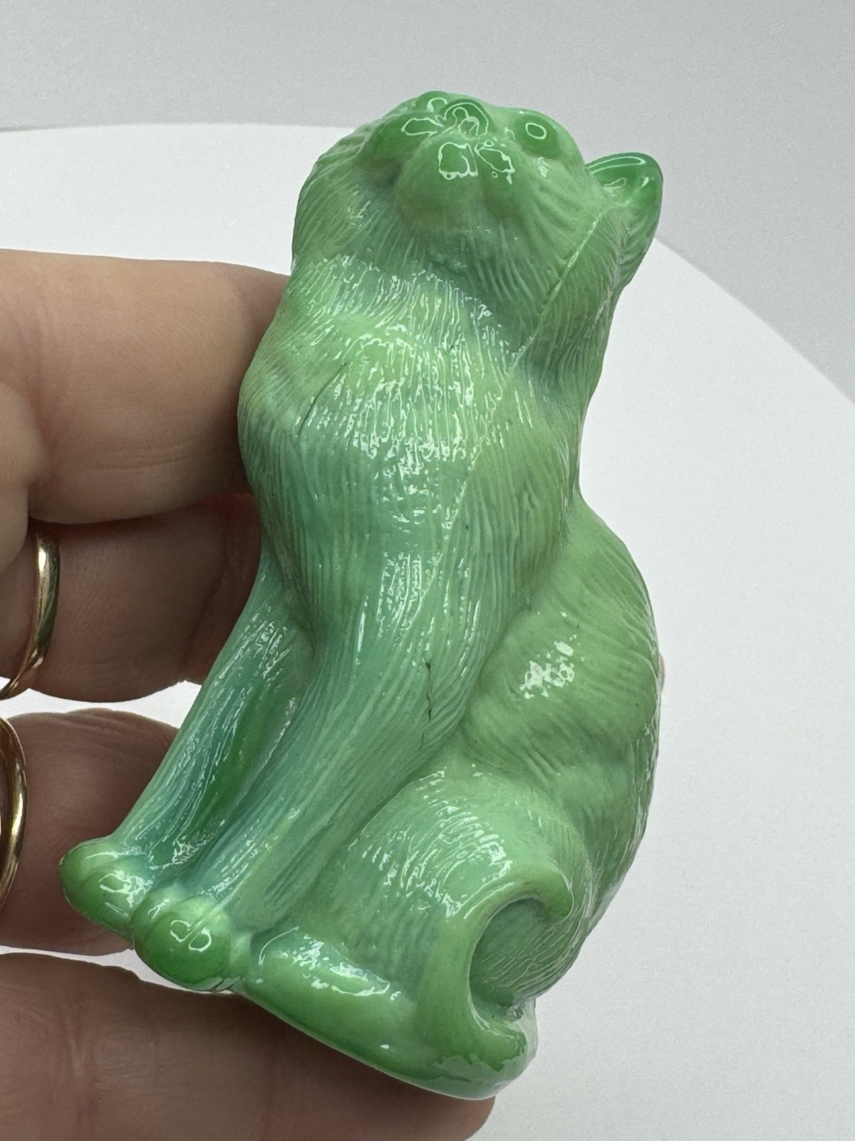 Mosser Glass Sitting Cat Figurine Opaque Jadite Grass Green Blue Slag Glossy