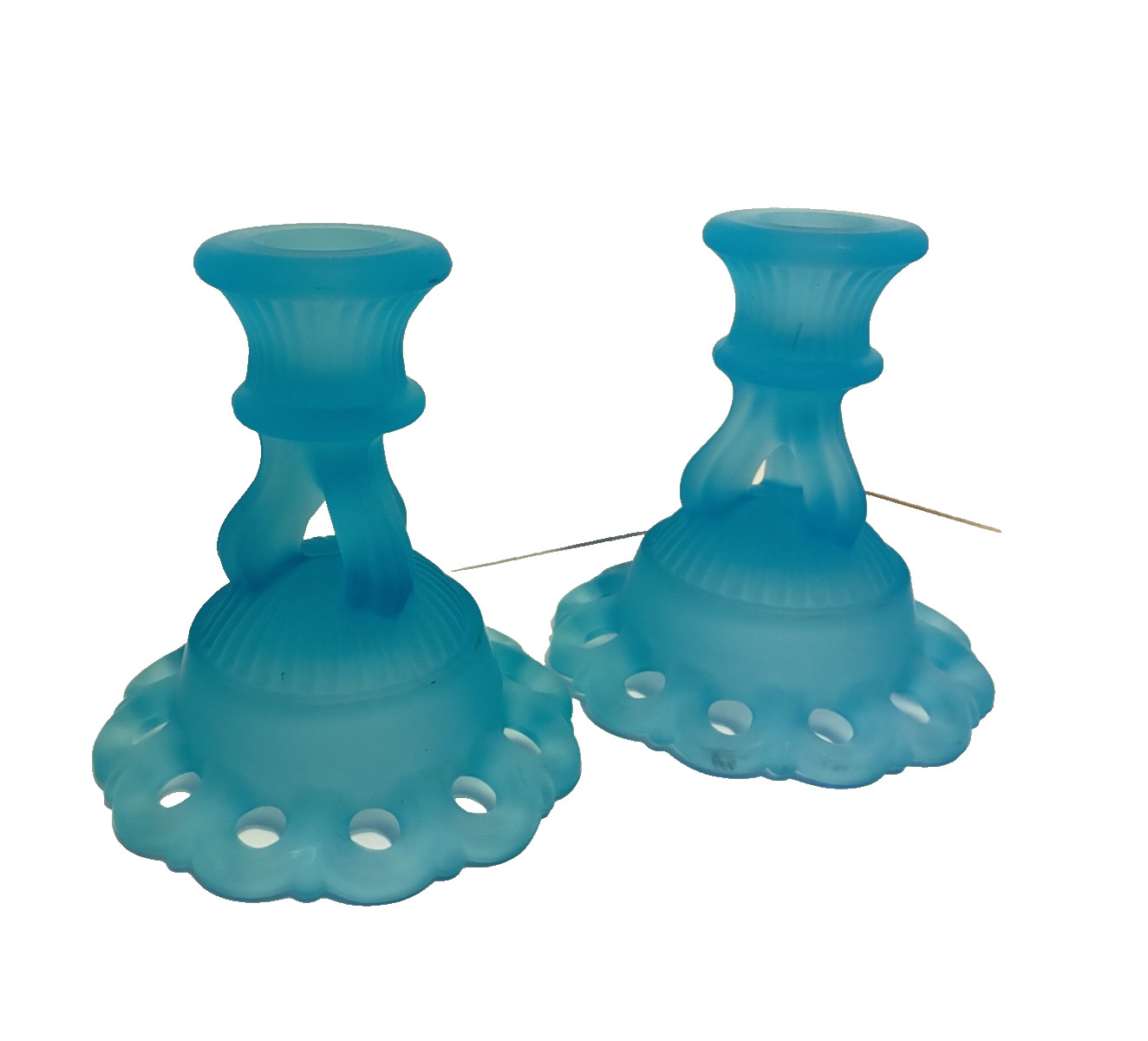 Vintage Pair Westmoreland Blue Mist Satin Glass Doric Laced Edge Candlesticks