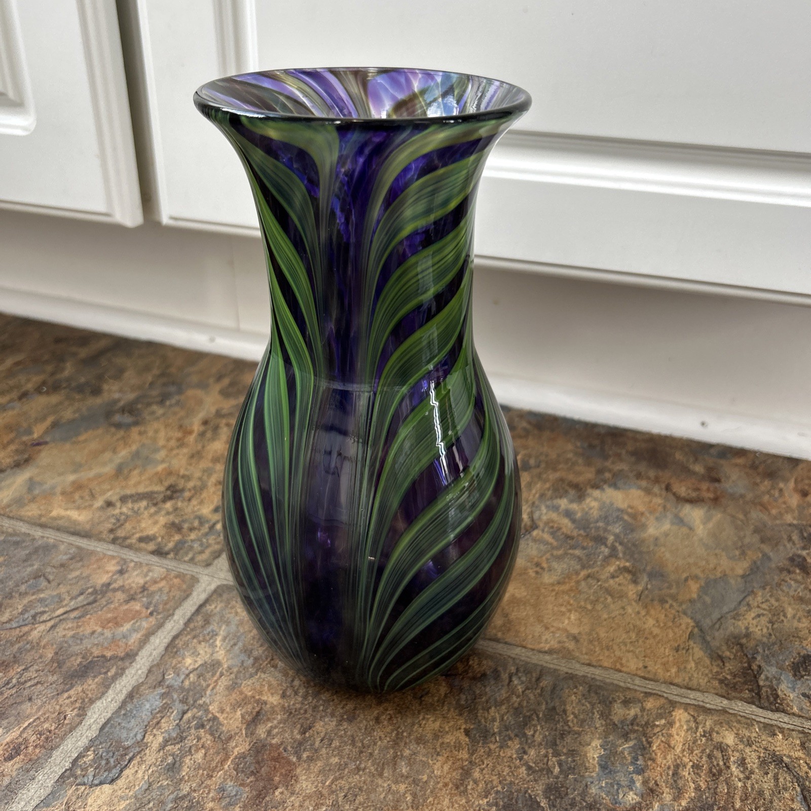 Hand Blown Studio Glass Pulled Feather Purple Green Vase 10” Dan Lotton Inspired