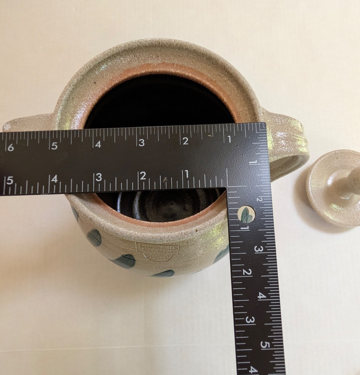 Vintage 1997 Salmon Falls Stoneware Lidded Bean Pot 2 Qt Pennsylvania Green