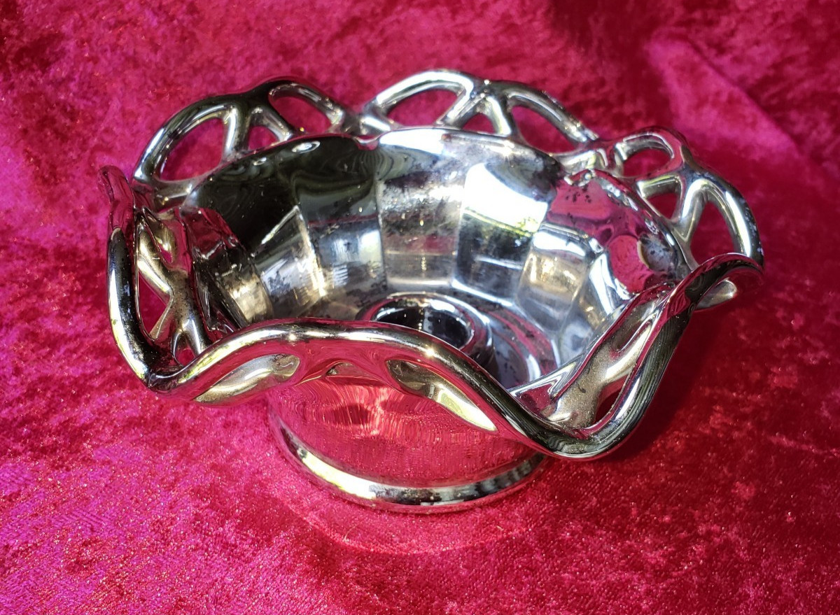 Crocheted Crystal Imperial Glass Silver Overlay Candle Bowl Holder