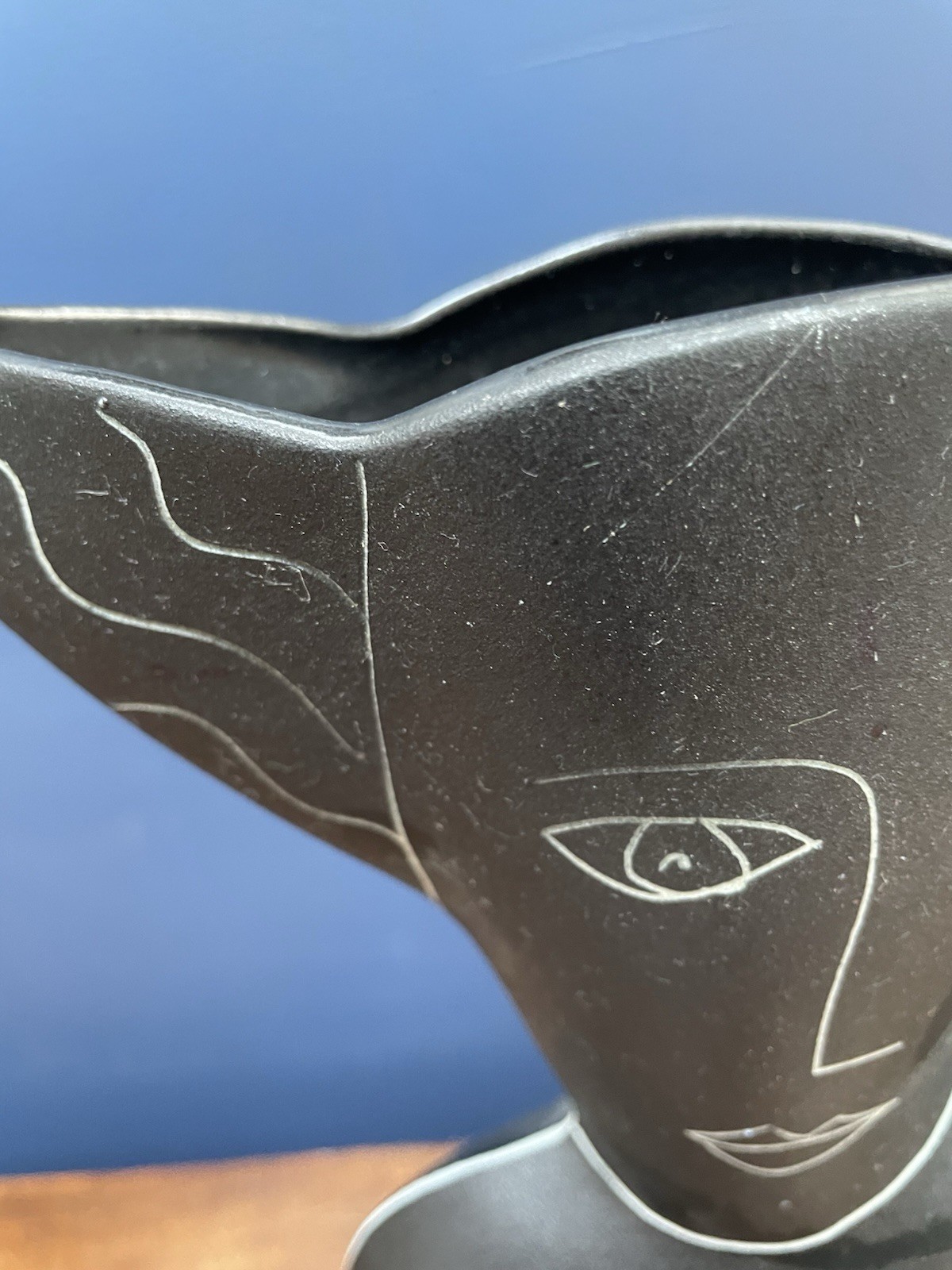Donna Polseno Figural Nude Painted Black Art Pottery Vase 9”x 11” Hairline Crack