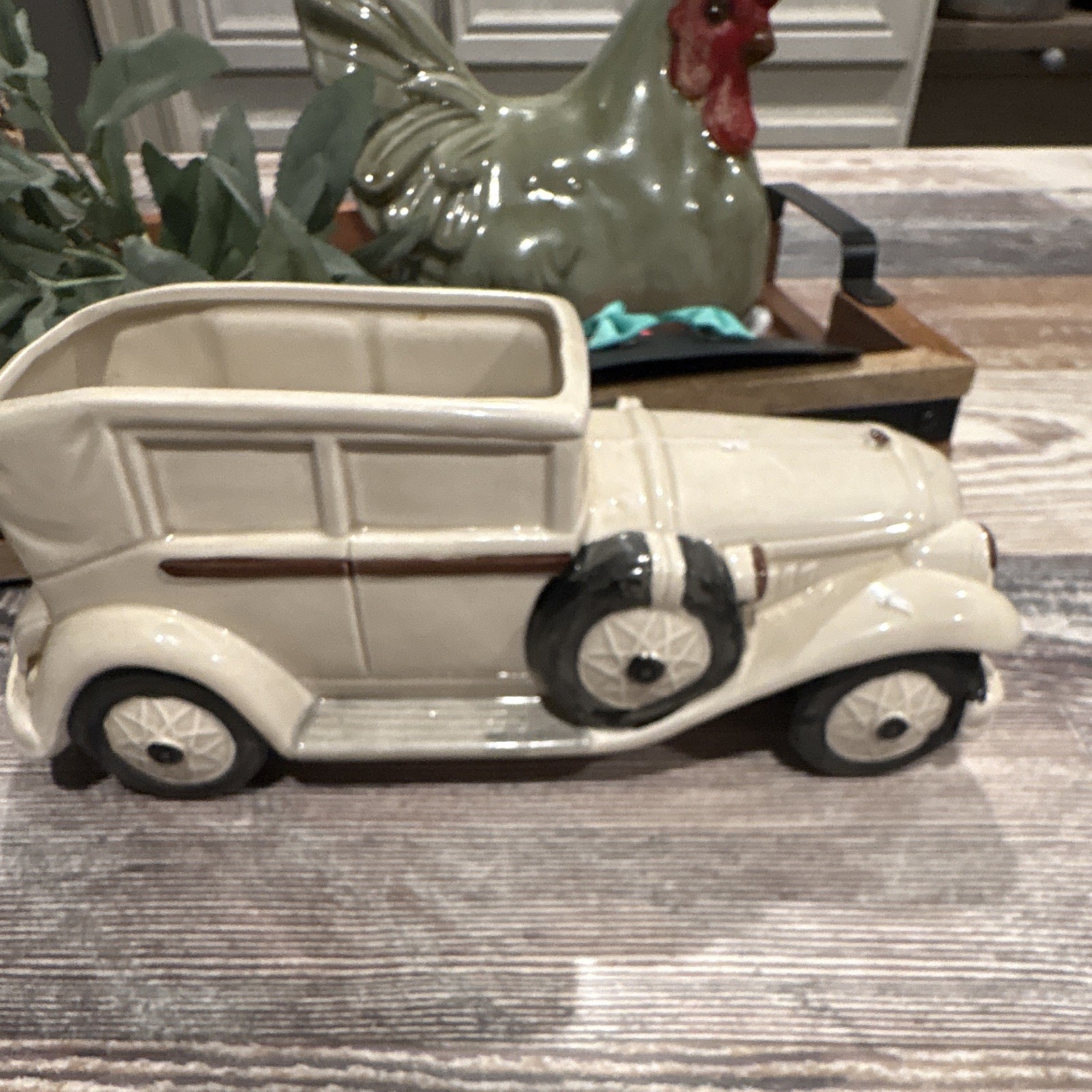 Ceramic Art Deco Car-Shaped Planter, Ivory/Black Glossy Open Top