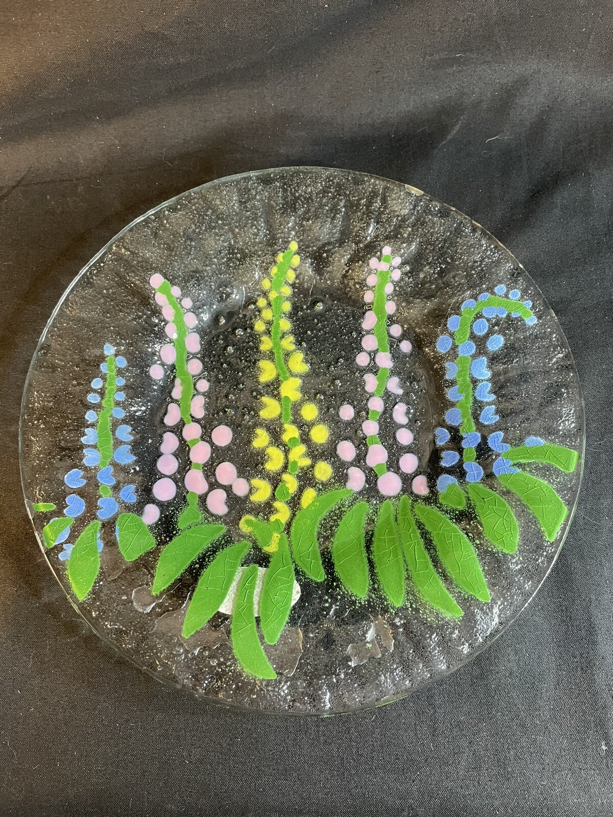 Lee Fusion Art Glass Plate Flowers 8.25” Crazing In Paint Winter Harbor Maine