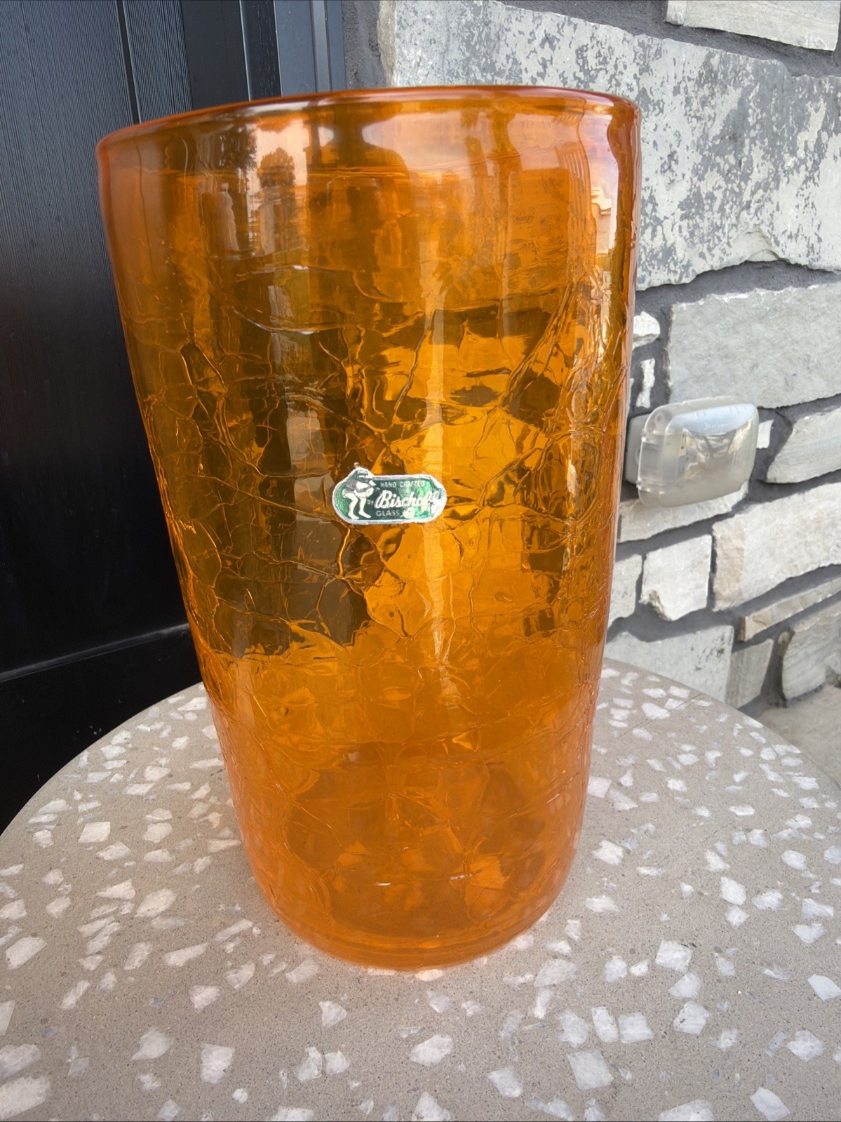 MCM Bischoff Tangerine Crackle Glass 10″ Tall Vase Original Green Elf Label