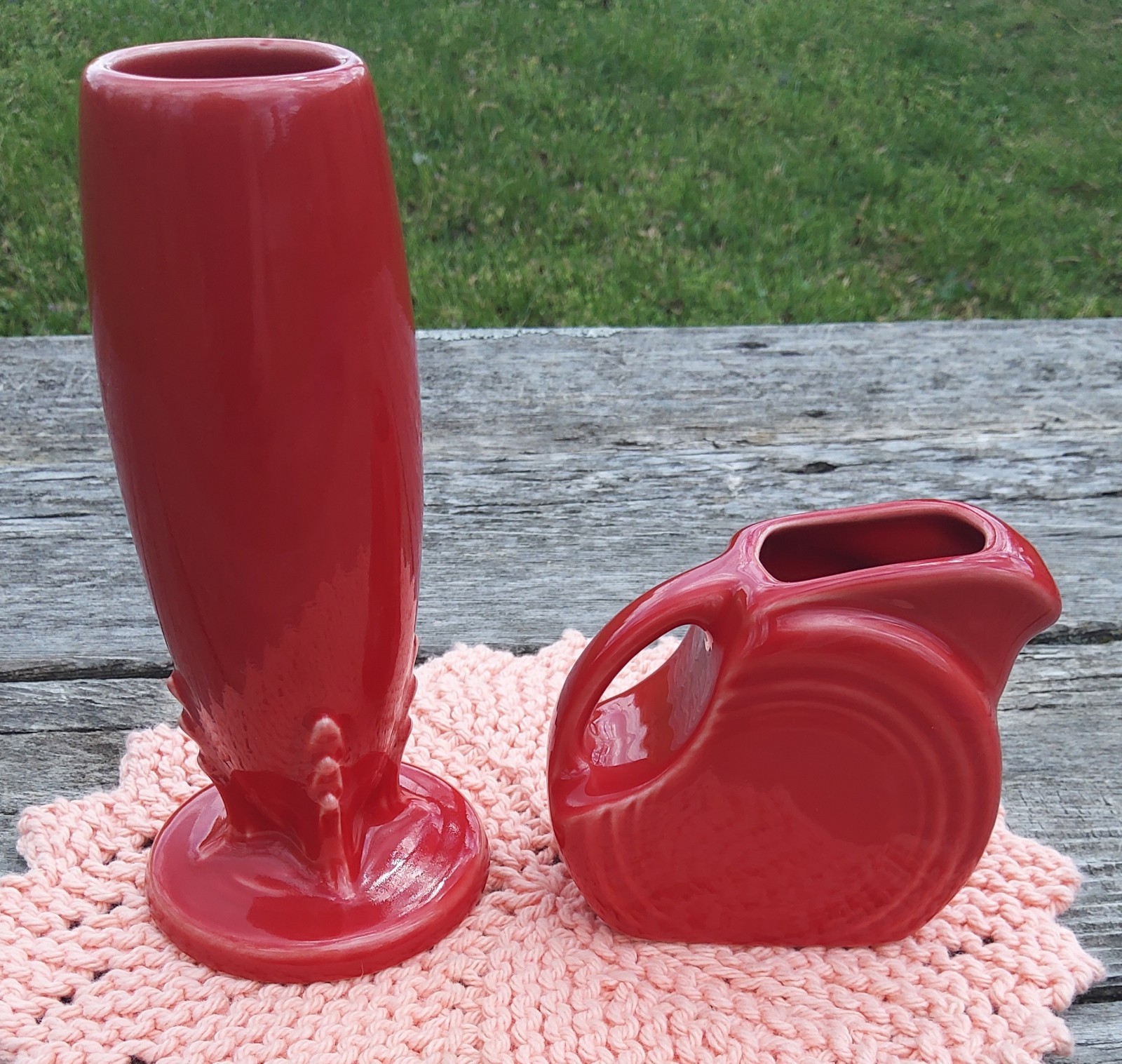 Fiestaware Scarlet Red Bud Vase & Mini Disk Pitcher, Never Used Fiesta