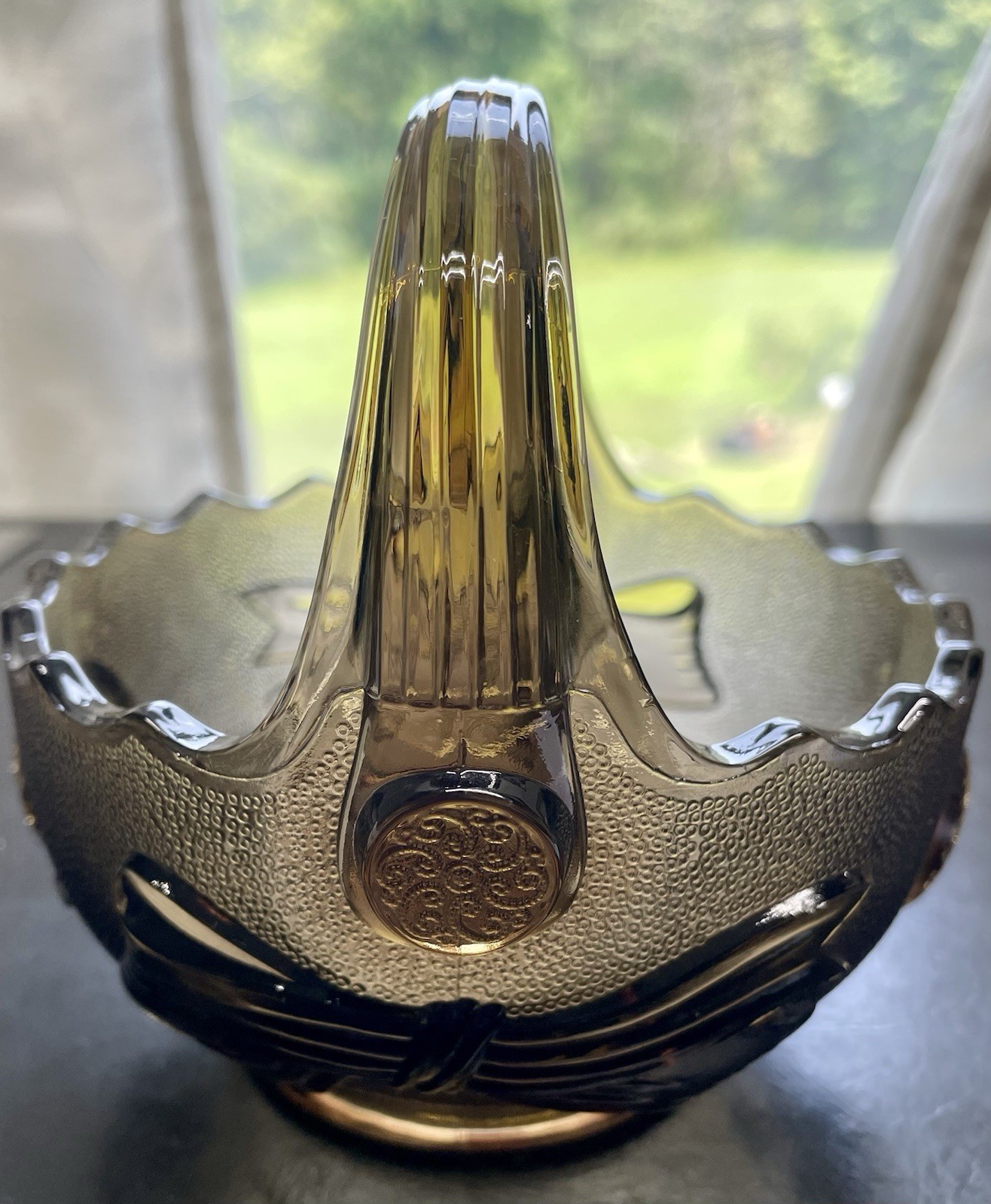 Dark Brown/ Smokey Glass Basket, “ Hobnail” Pattern, 1920-1940 Texture/ Medallio