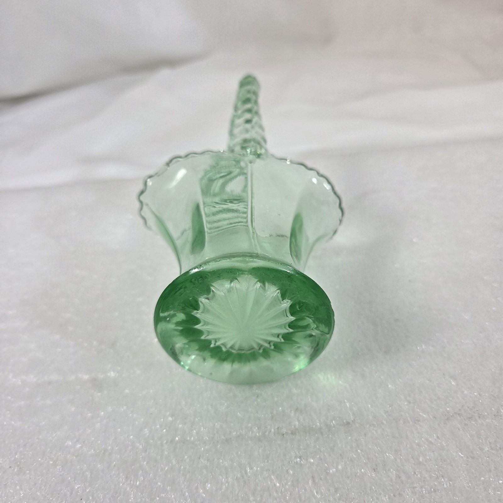 Green Pressed Glass Basket Scalloped Crimped Rim Twisted Handle Art Glass Decor