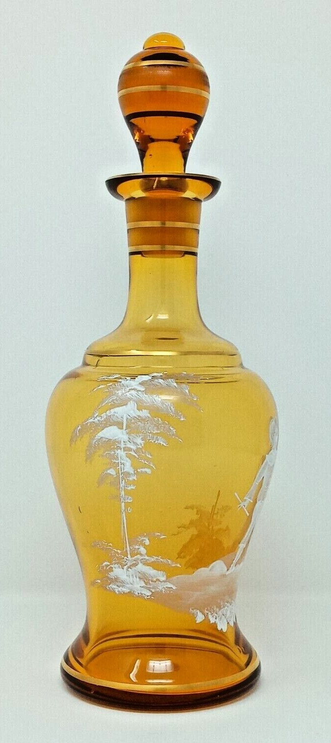 Amber Glass Decanter West Germany Mary Gregory style Ground-in Stopper gold euc