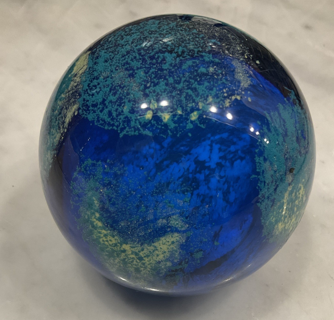 Vintage Murano Glass Paperweight Ocean Earth Blue Yellow Green 3”