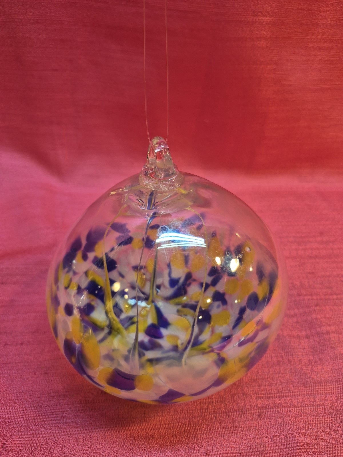 Hand Blown Art Glass Floating Globe Ornament Purple Yellow Confetti 5″ Decor