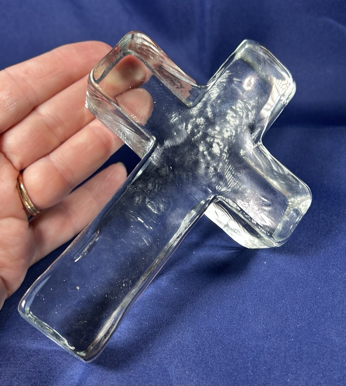 Heavy Thick Block Glass Cross 5.25″ Standing Ice Style Paperweight Decor