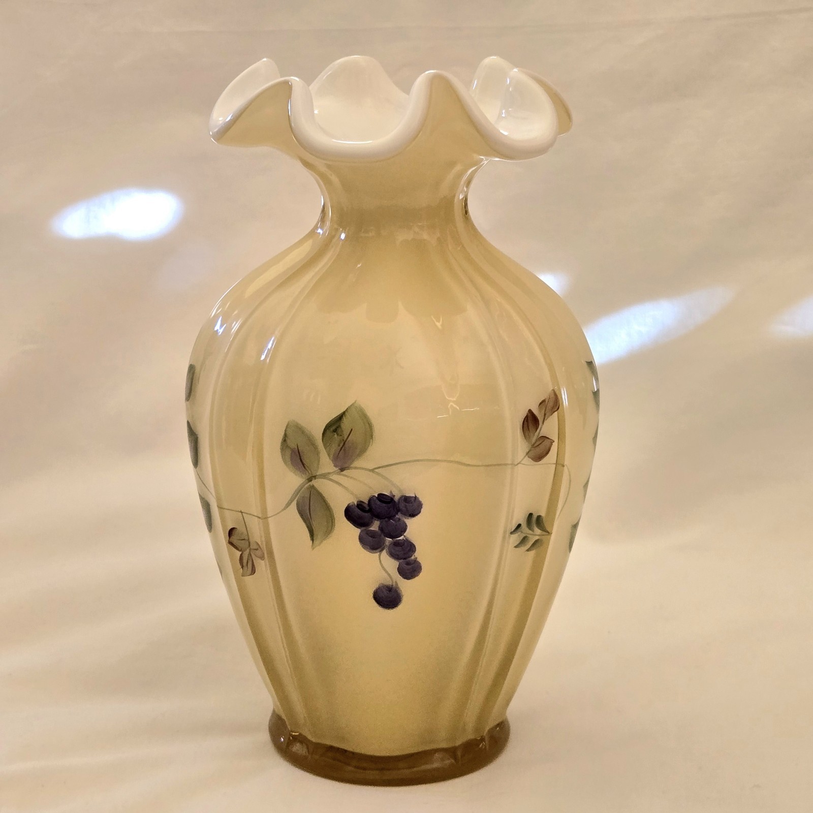 Fenton Fluted Vase Honey Cased Art Glass Handpaint Signed S. Stephens 7” Tall