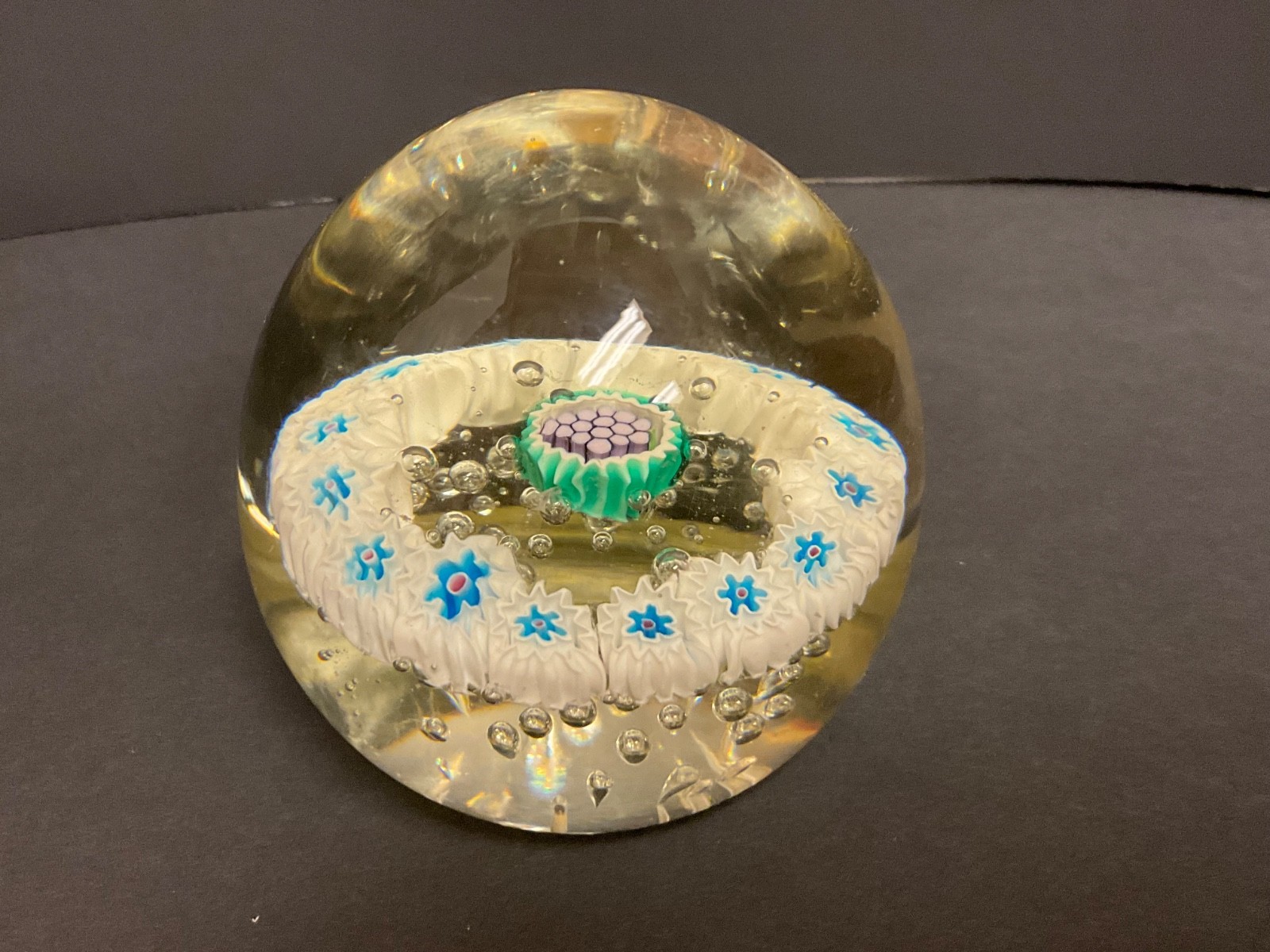 Clear Glass/ Millefiori Art Glass Paperweight Turquoise & White 3″ T
