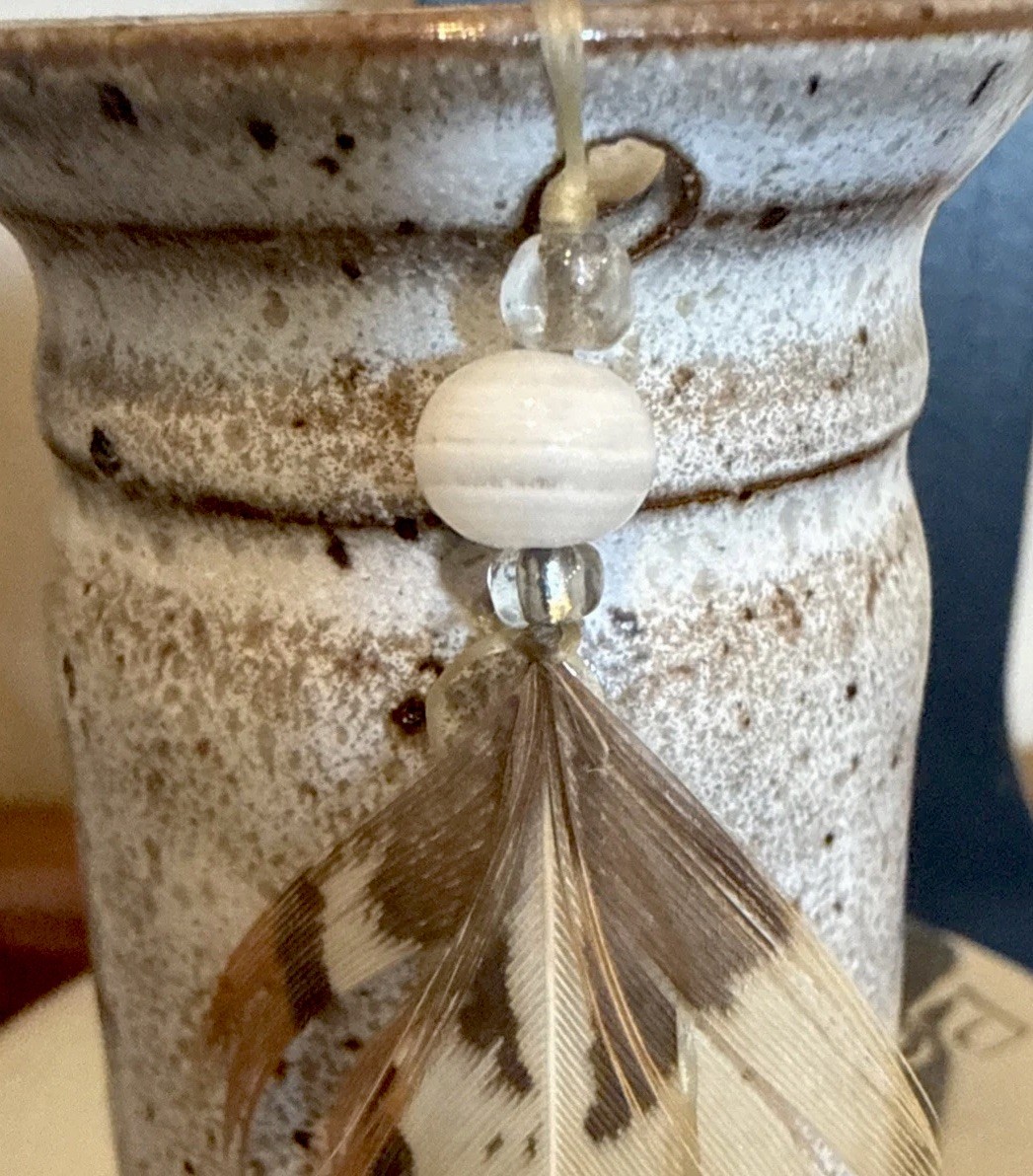 Vintage Ceramic Pottery Vase Earth Tones Marbled look Glaze MCM Feathers Beads.