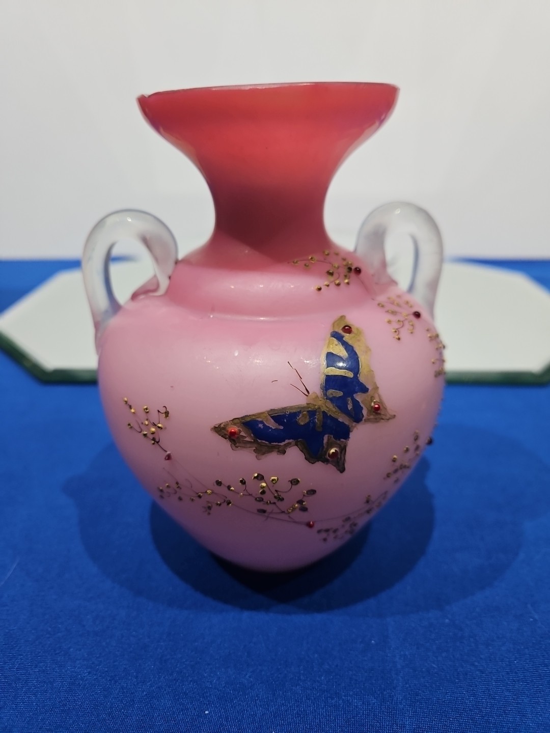 Art Glass Vase w/ handles Cased Pink white Peach Blow butterfly enamel victorian
