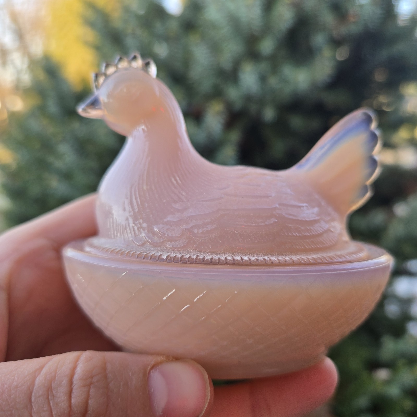 Vintage Degenhart Opal Pink Hen On Nest Chicken Glass Trinket Dish Retro