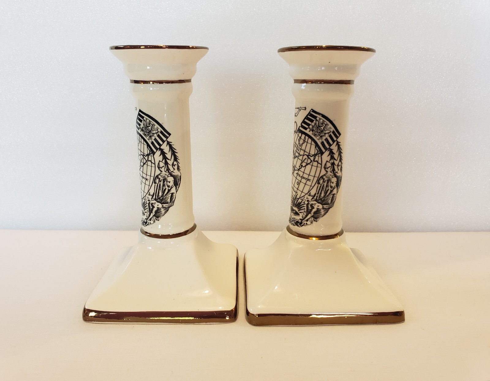 Grays Pottery Candlesticks 6 1/8 Inch Early Americana Scene Set Of 2 Vintage