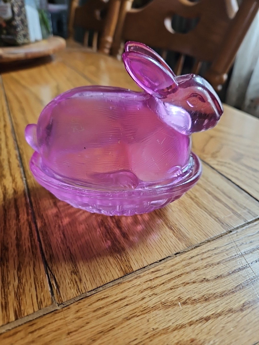 Glass Bunny On Nest Covered Trinket Dish Vintage Pink