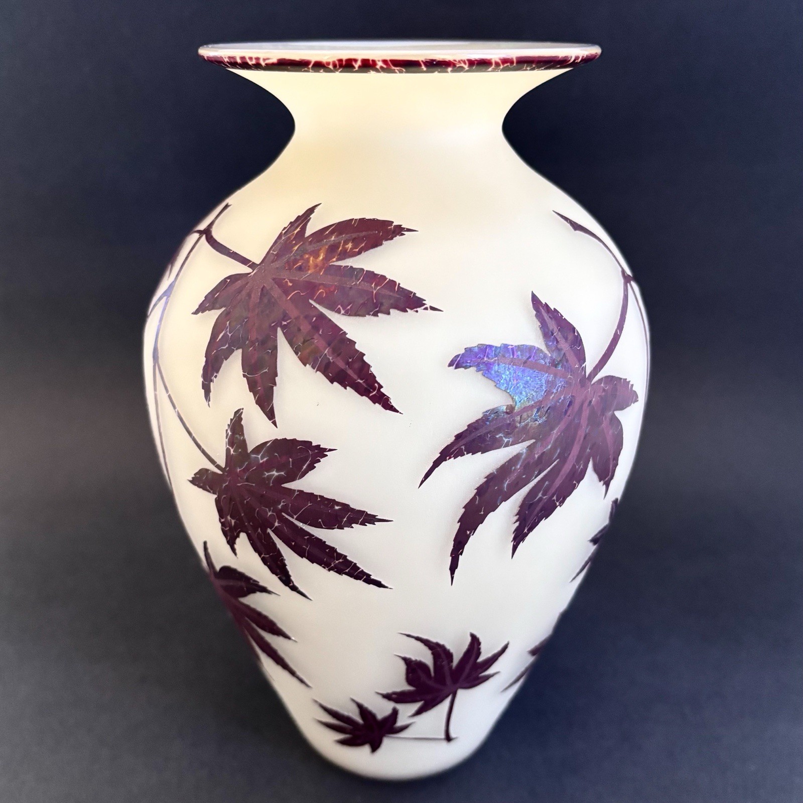 Phyllis Polito Art Glass Vase 9” Leaves Cameo Iridescent Zellique Studio