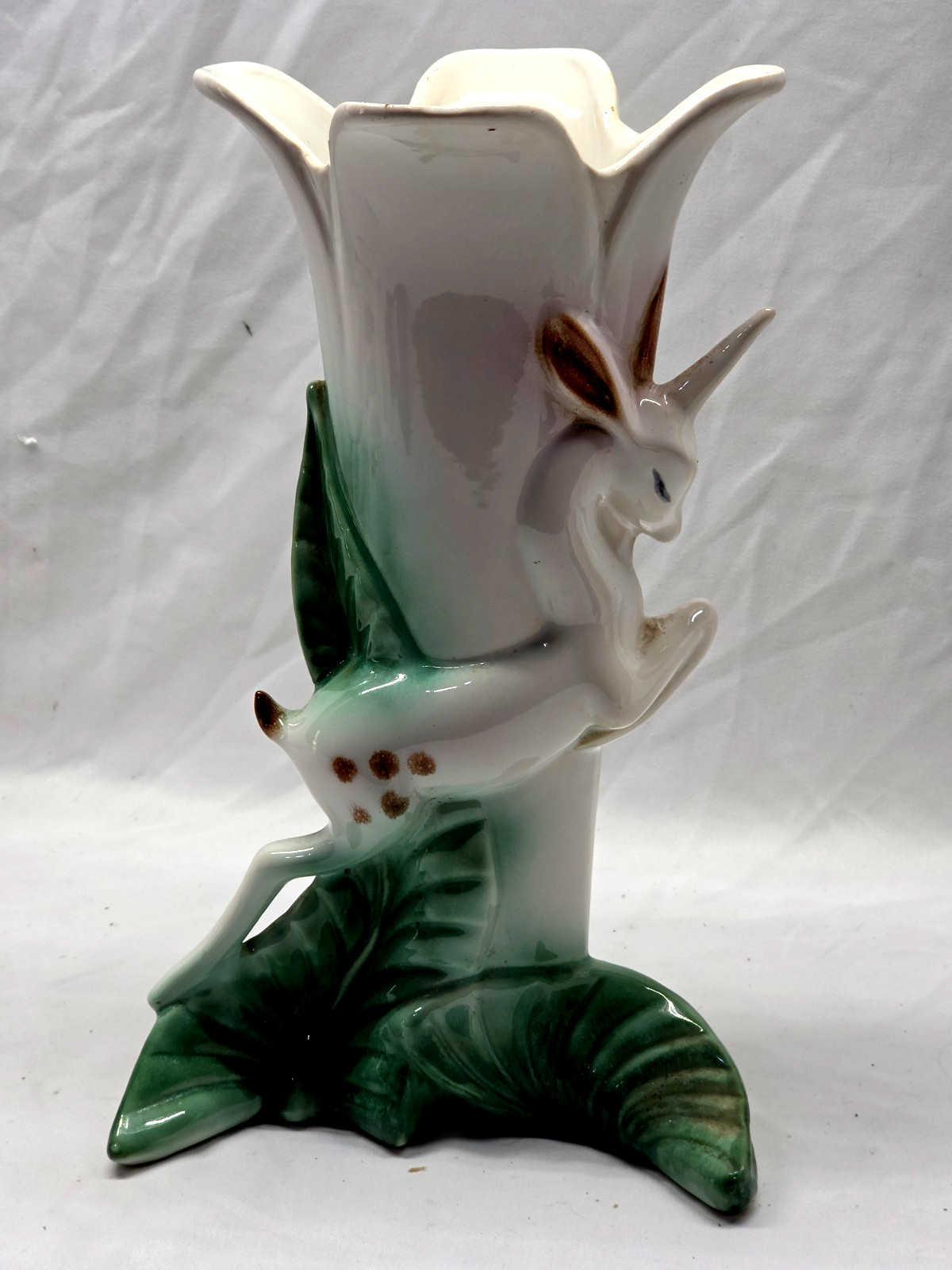 Hull Regal 311 Figural Deer Antelope Unicorn Leaf Vase Green White 11.25″