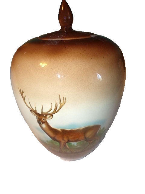 Porcelain Ginger Jar Urn Apothecary Jar Vase & Lid w/ DEER STAG Transfer 11.5″