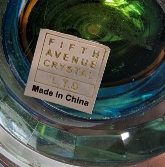 Fifth Avenue Crystal Faceted Clear, Green and Orange Art Glass Candle Holder