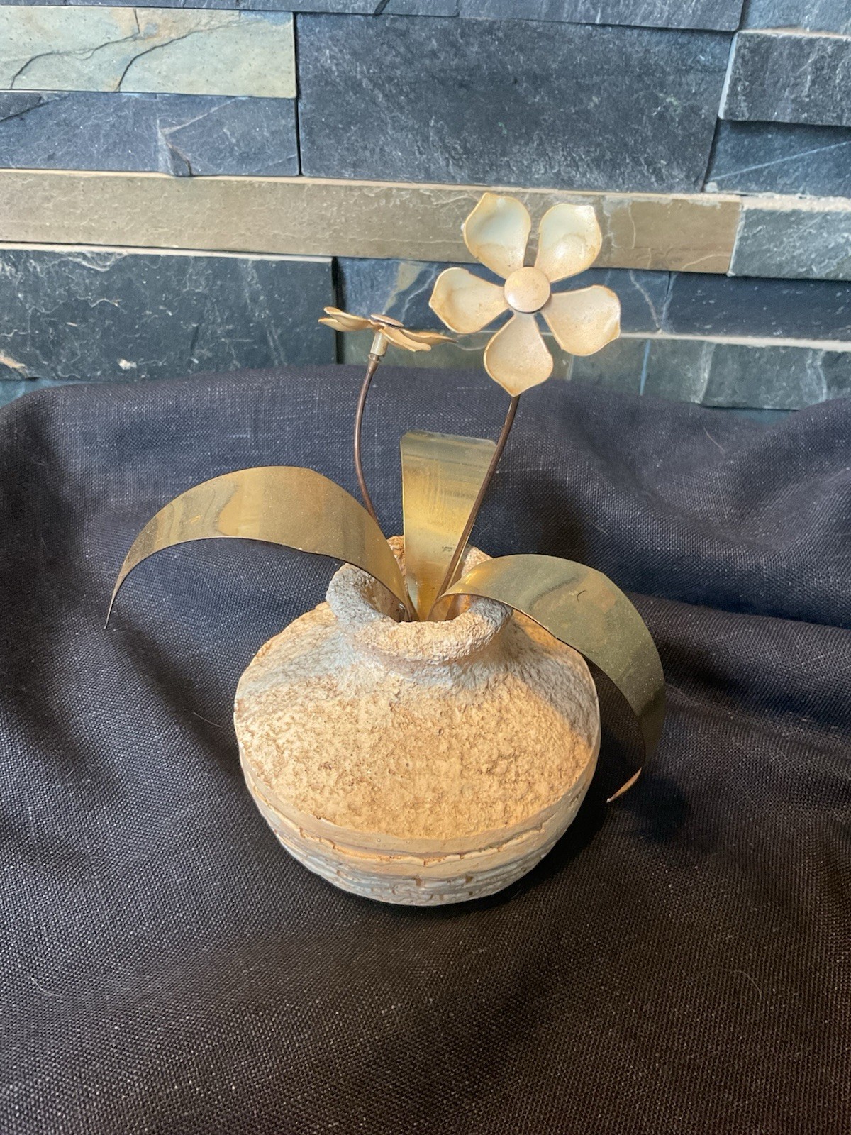 vintage MCM Pottery vase & Metal Flowers Sculpture Signed