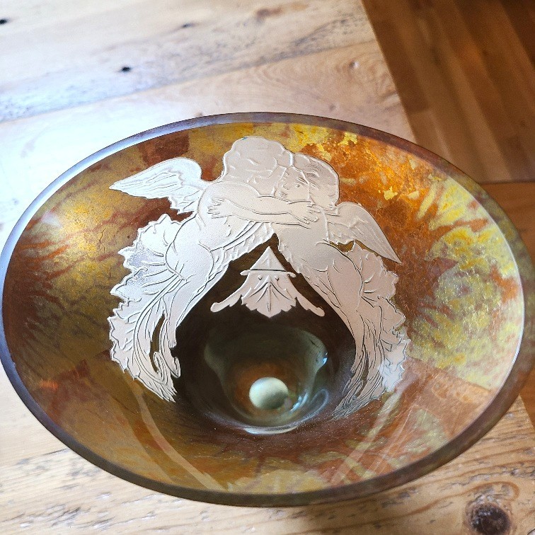 VINTAGE AMBER GOLD ETCHED ART GLASS ART NOUVEAU ART DECO SIGNED BY ARTIST VASE