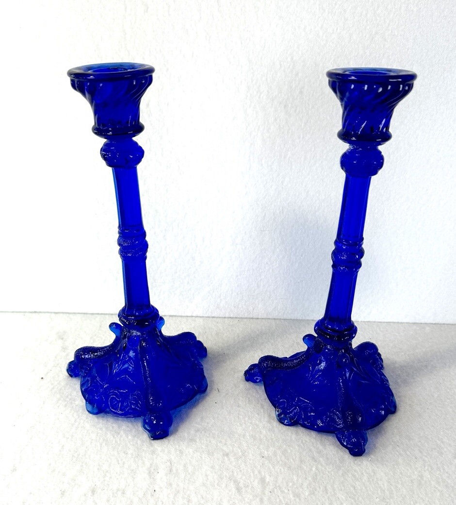 Portieux Vallerysthal Cobalt Blue Glass Candlestick Pair 9″ Vintage