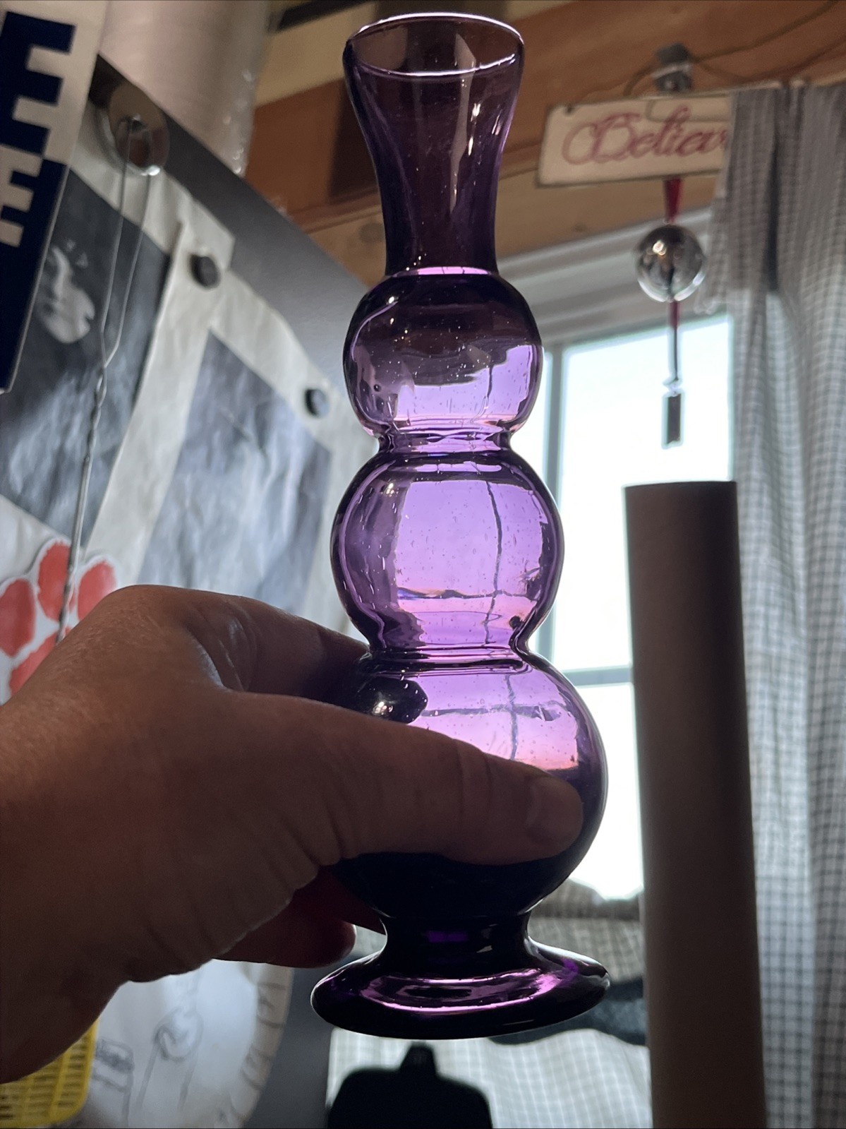 Hand Blown Purple Amethyst Glass Vase Round Triple Gourd MCM Vintage 8.5″ Footed
