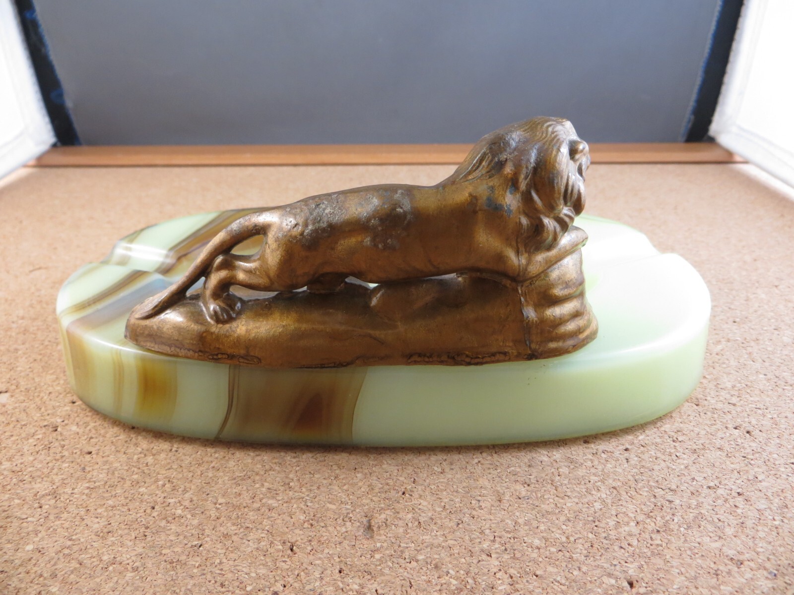 Antique Art Deco Gold Enamel Metal Lion Figurine Swirl Stripe Slag Glass Ashtray