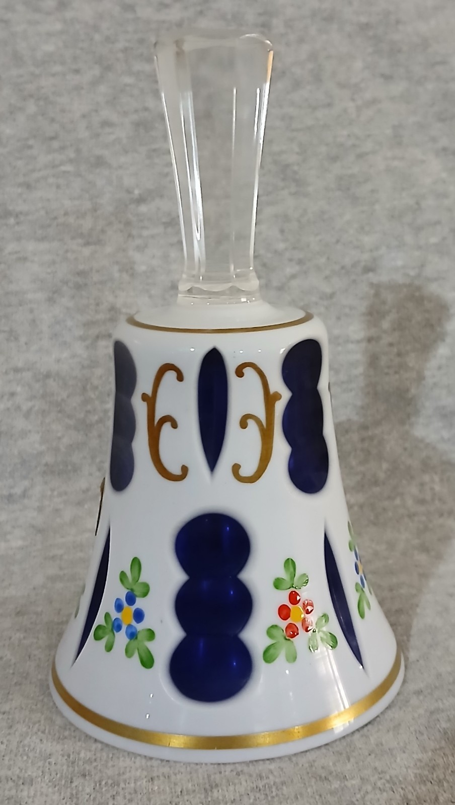 Bohemia Crystal White Cut To Cobalt Blue Bell Hand Painted Flowers Czecholovakia