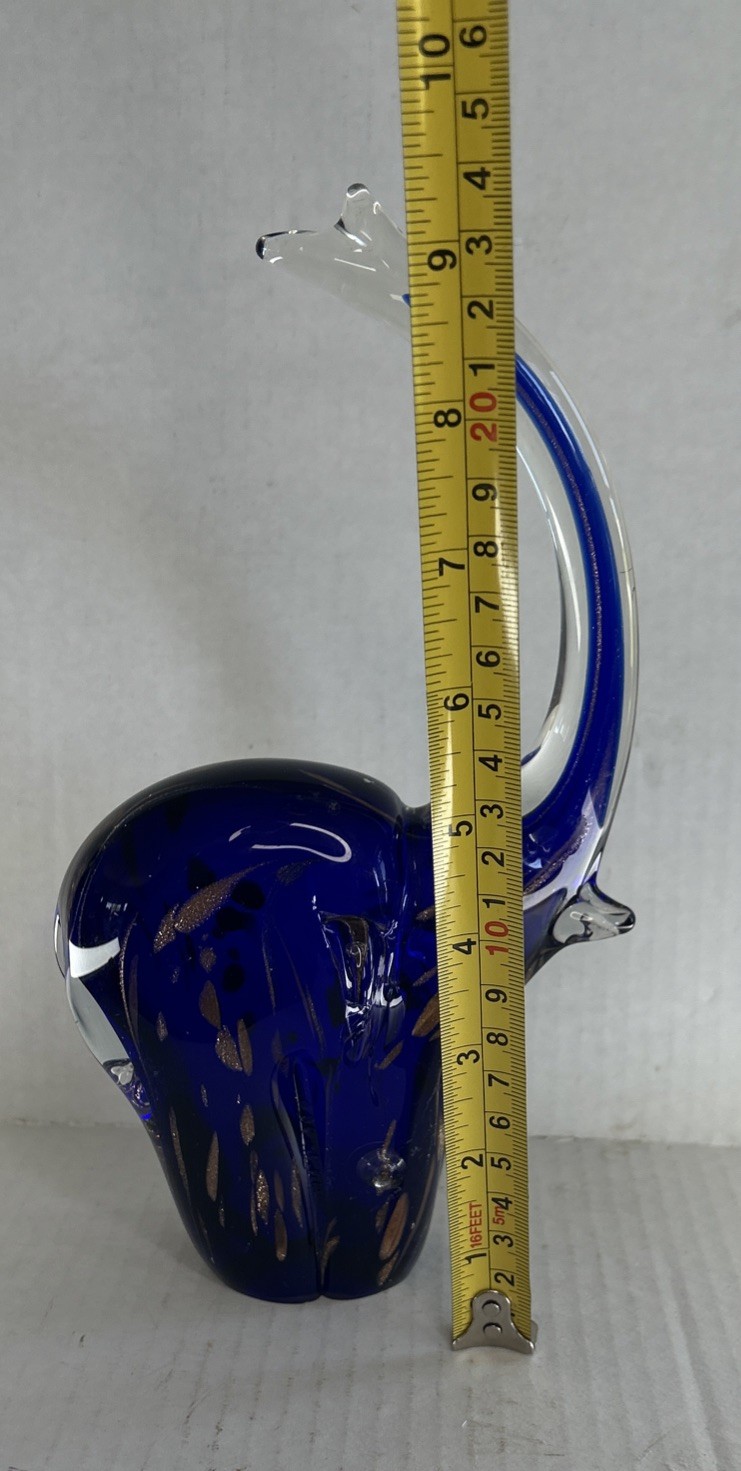 Vintage Murano Style Art Glass Elephant Figurine Cobalt Blue Gold W Ear Chip