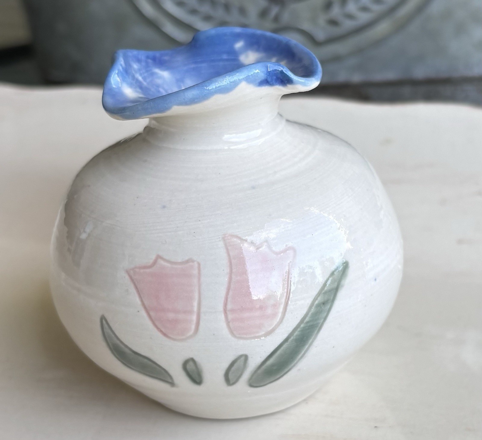 Art Pottery Hand Painted Pink Tulip Cottage Core Bud Vase Scalloped