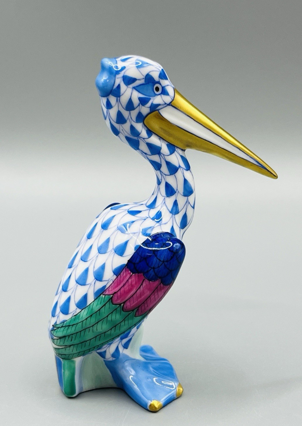 Herend Figurine – Small Pelican – Blue Fishnet