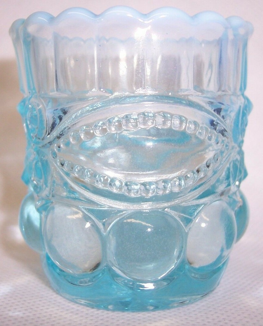MOSSER GLASS AQUA OPALESCENT GLASS EYE WINKER PATTERN TOOTHPICK HOLDER HOLDERS