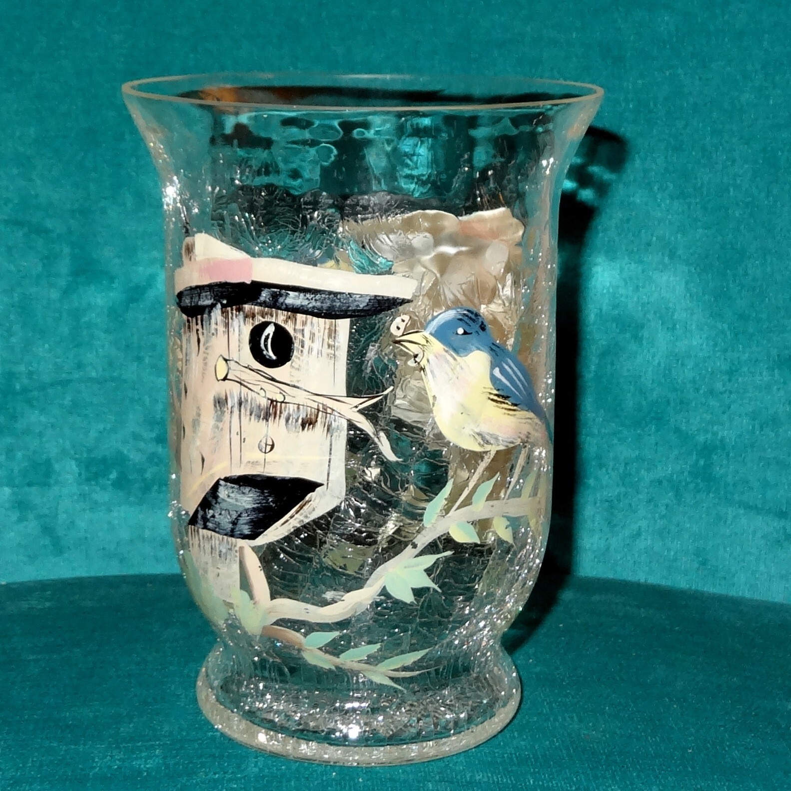 Fifth Ave. Crystal l.t.d crackle glass tealight or vase bluebirds handpainted