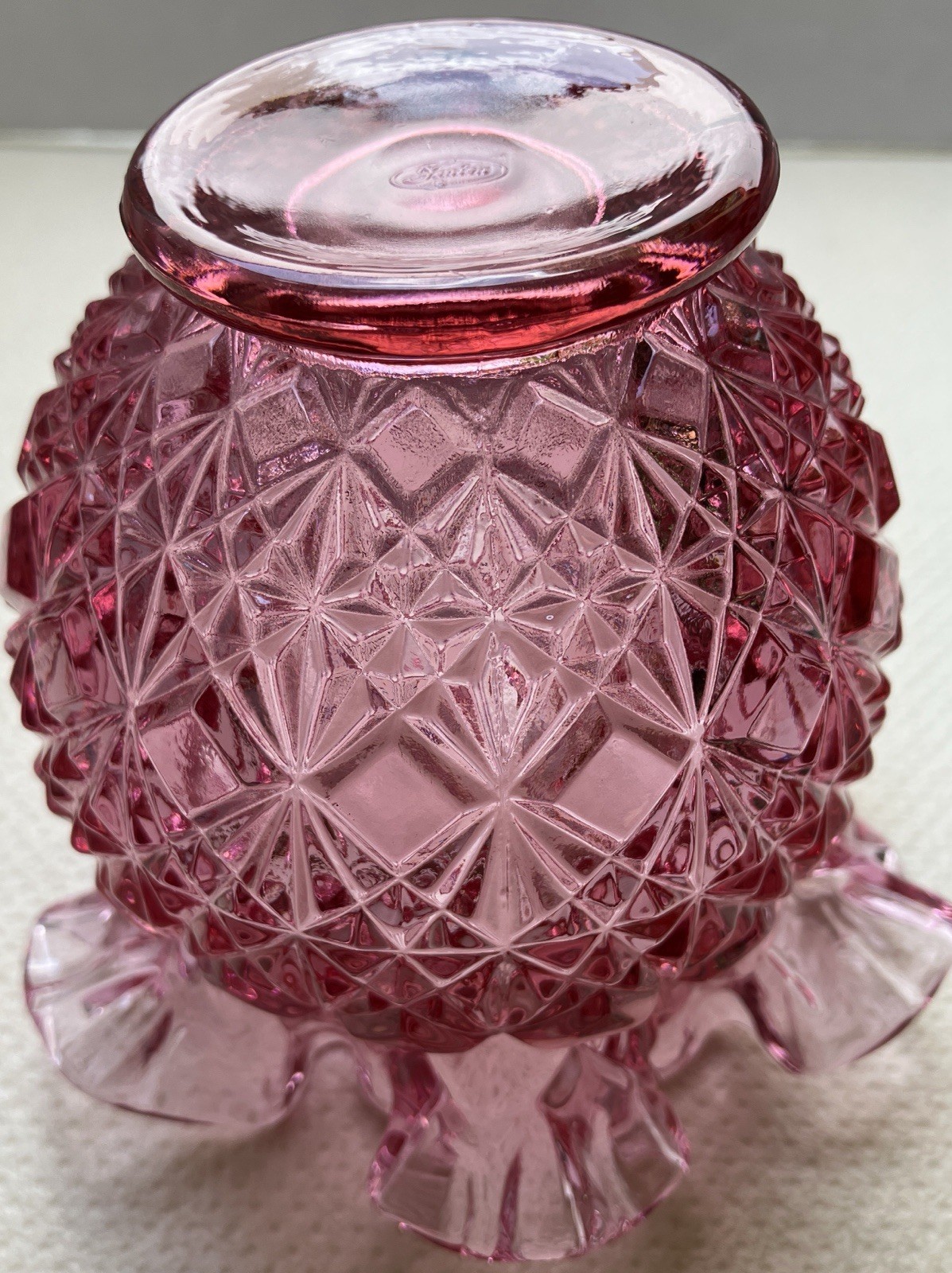 Fenton Glass Vase Vintage 1980’s Cranberry Ruffled Rim Diamond Star Pattern