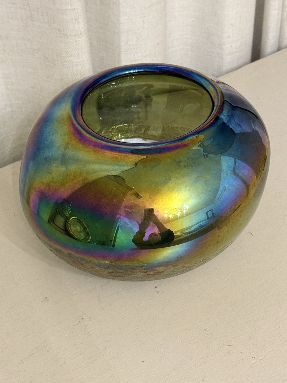 Vtg Hand Blown Art Glass 8″ Squat Pebble Vase Iridescent Rainbow Fumed Textured