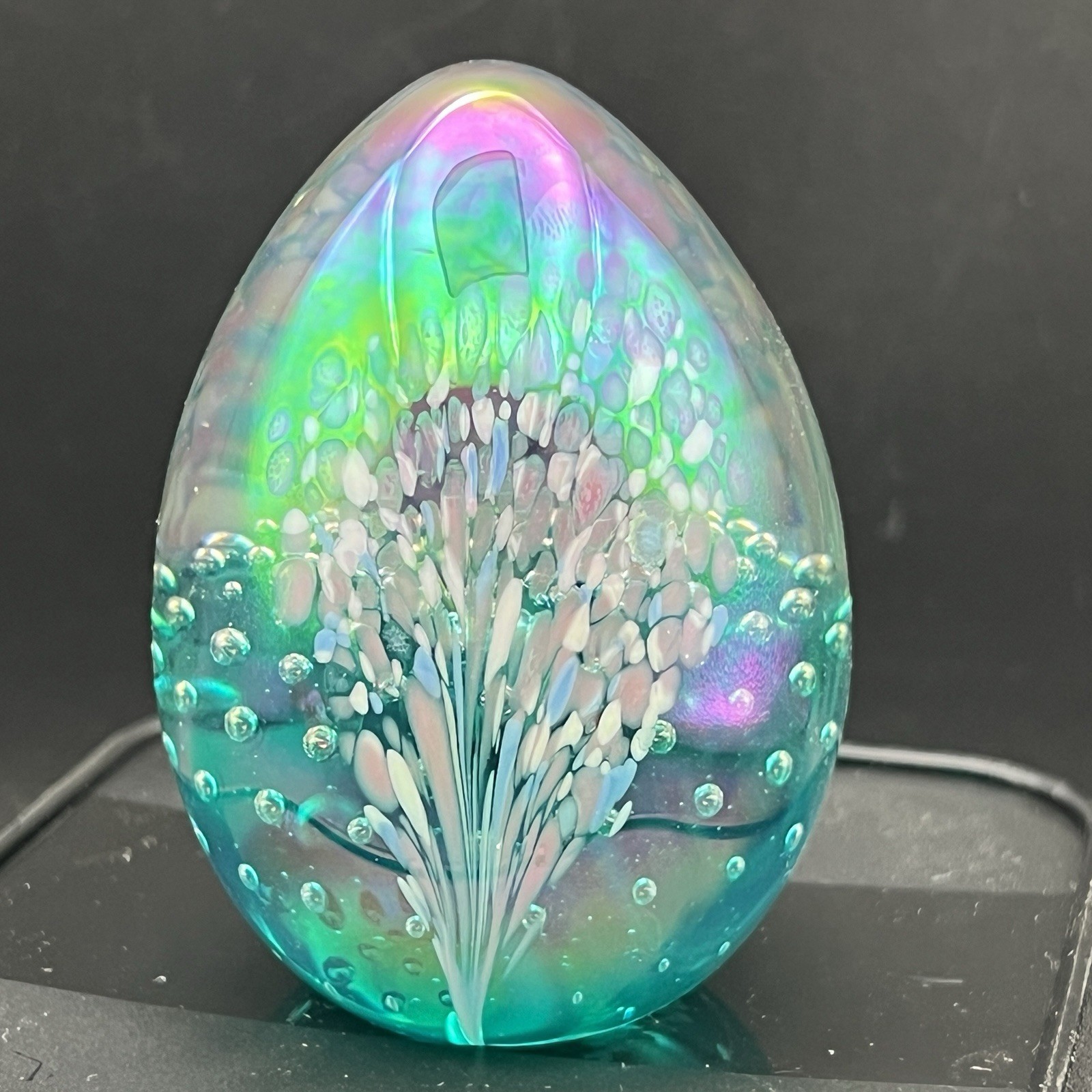 Egg Shaped Bubble Floral Design Turquoise Iridescent Glass Paperweight – Signed