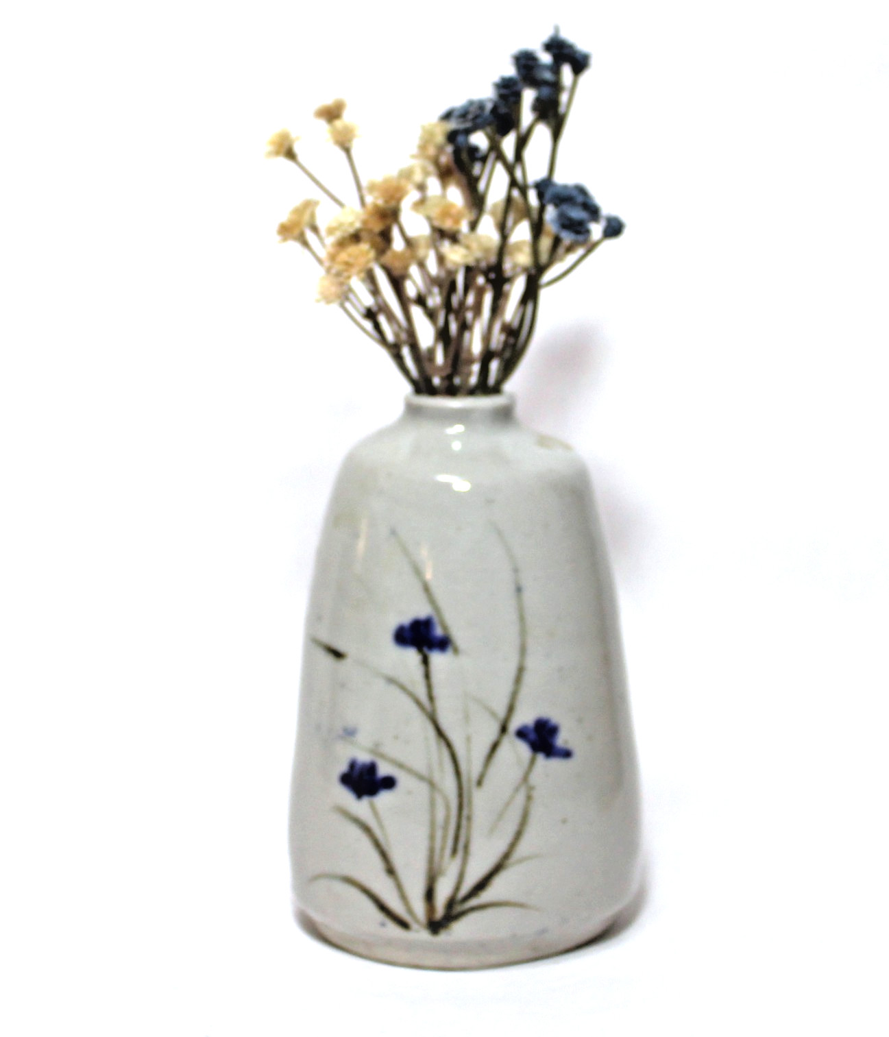 Artist Signed Pottery Vase Weed Pot Speckled Grey Hand Painted Wild Flowers
